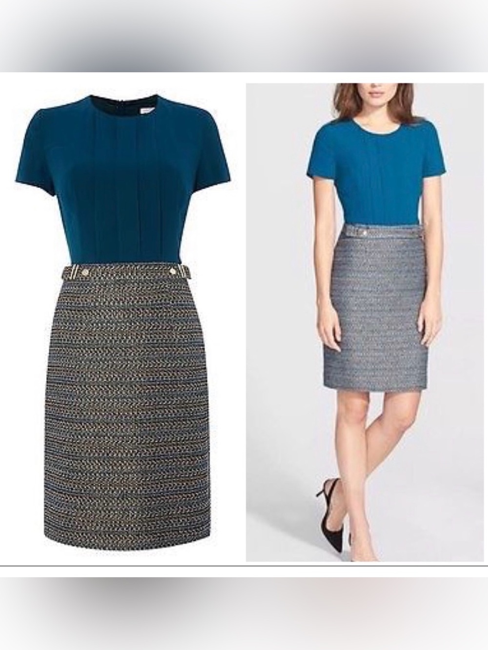 Hugo Boss “Divenice” Teal Tweed Silk Top Combo Dress, Sz 4, NWOT, GORG